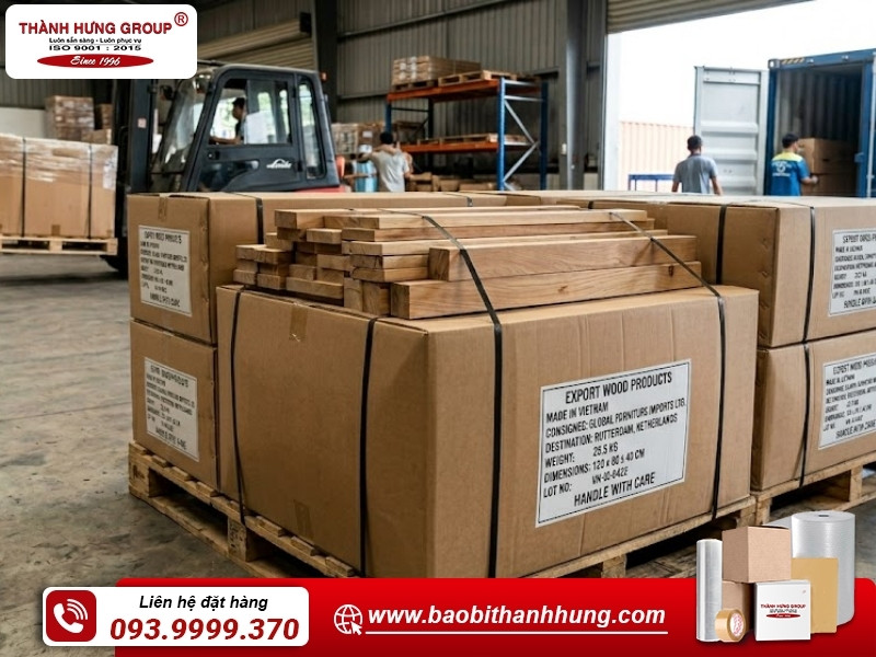 Bao Bì Thành Hưng sản xuất thùng carton đựng gỗ xuất khẩu chất lượng cao.