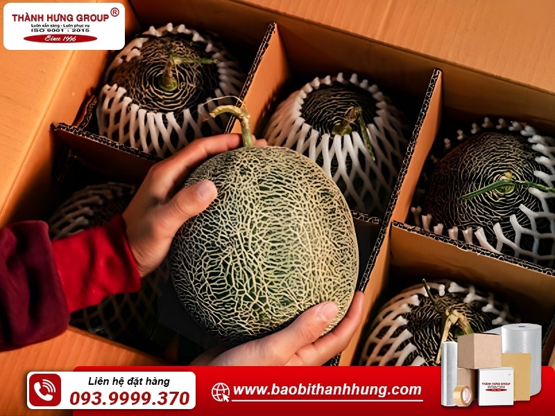 Thùng carton đựng dưa lưới có vách ngăn.