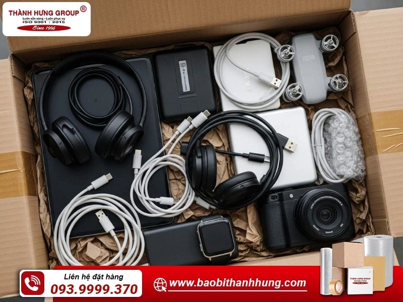 Thùng carton bảo vệ linh kiện điện tử an toàn khi vận chuyển và lưu kho.