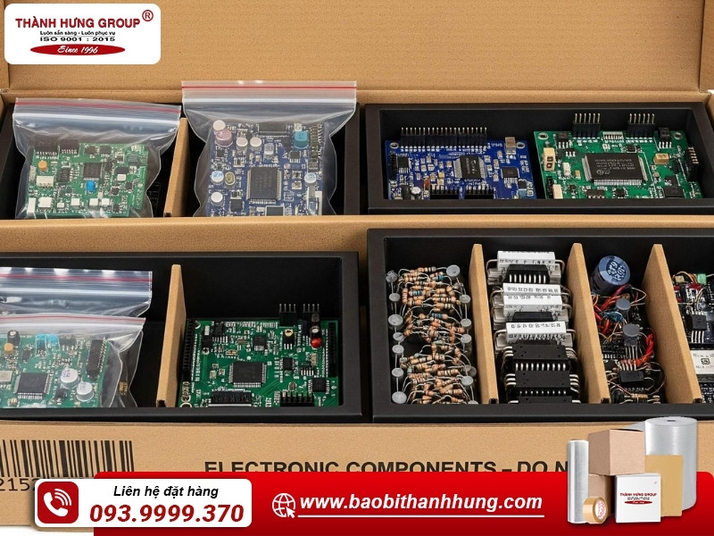 Thùng carton đựng linh kiện điện tử có túi đóng gói chống ẩm.