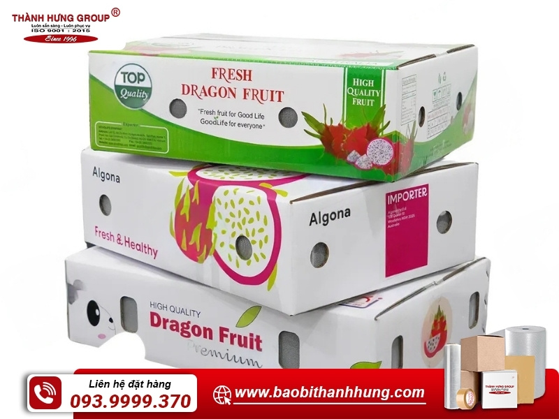 Thùng carton đựng thanh long in ấn thông tin rõ ràng.