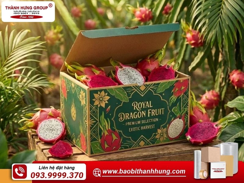 Thùng carton đựng thanh long có màu sắc tươi sáng.