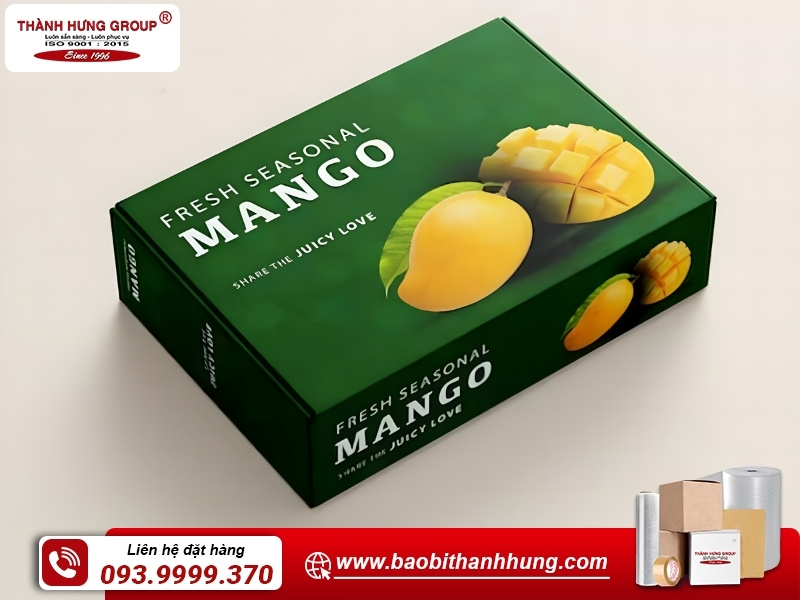 Thùng carton đựng xoài với màu sắc và hình ảnh nổi bật.